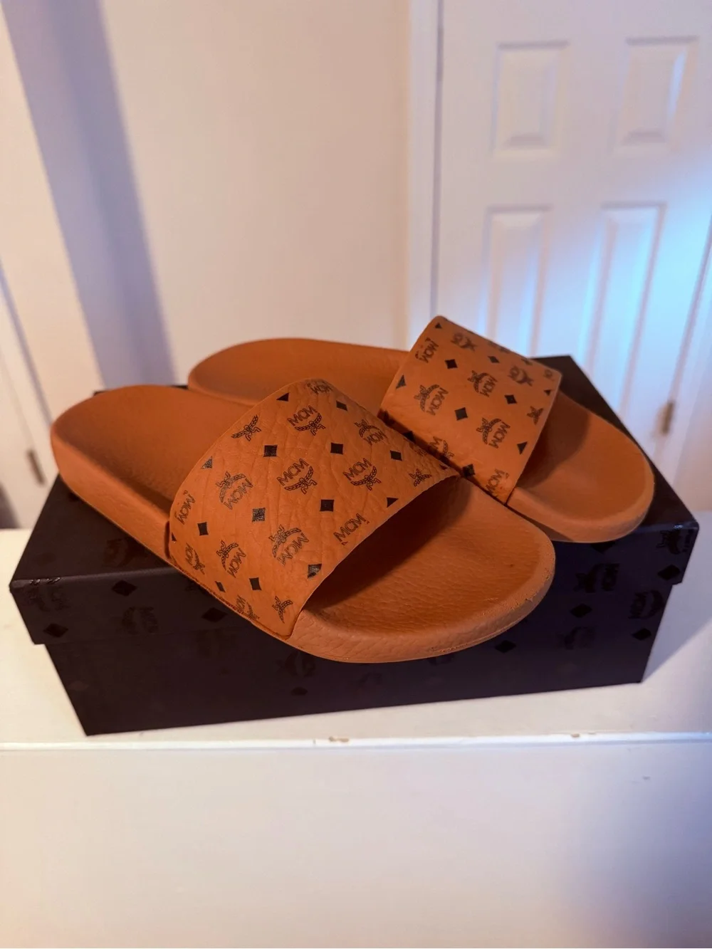 MCM Cognac Monogram Slide Sandals size 8 - Picture 1 of 7